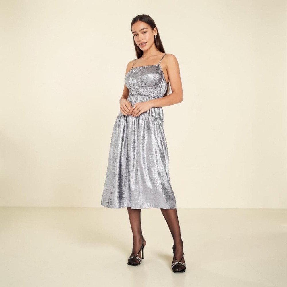 Old Navy Silver Metallic Cami Midi Dress Waist Defined Sz L NWT